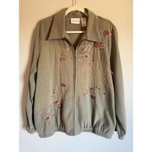 Vintage Alfred Dunner Full Zip Jacket Sage Green Floral Pattern Size 16